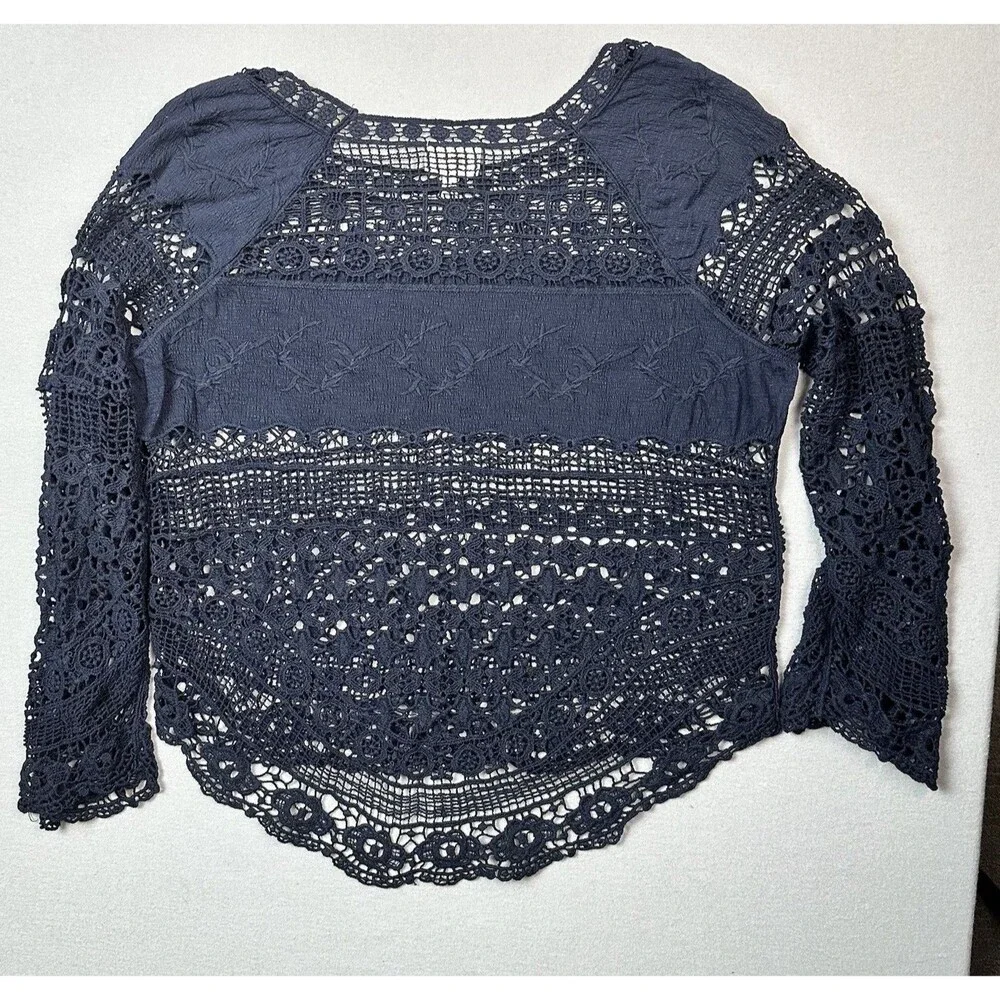 Anthropologie Deletta Crochet Lace Top Navy Blue Sz L Witchy Boho Coquette